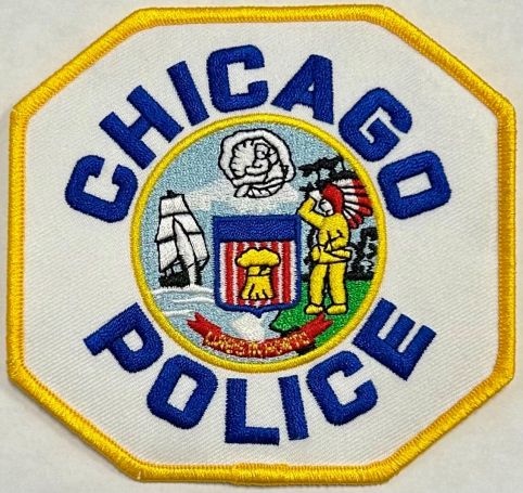 CHICAGO POLICE DEPARTMENT SHOULDER PATCH - GOLD BORDER & BLUE WORDING on WHITE TWILL.
